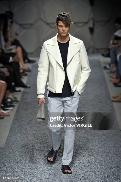 Model walks the runway at the Z Zegna show during Milan Menswear Fashion Week Spring Summer 2014 on June 25, 2013 in Milan, Italy.