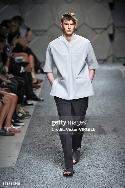Model walks the runway at the Z Zegna show during Milan Menswear Fashion Week Spring Summer 2014 on June 25, 2013 in Milan, Italy.