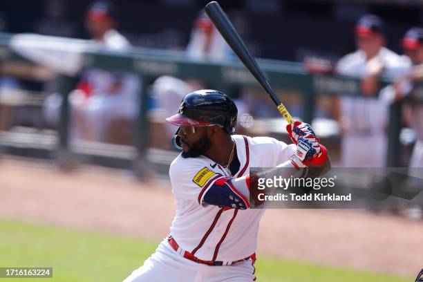 Michael Harris II of the Atlanta Braves bats during the first inning against the Washington Nationals at Truist Park on October 1, 2023 in Atlanta,...