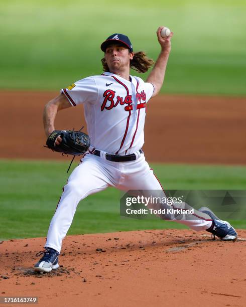 Dylan Dodd of the Atlanta Braves pitches during the first inning against the Washington Nationals at Truist Park on October 1, 2023 in Atlanta,...