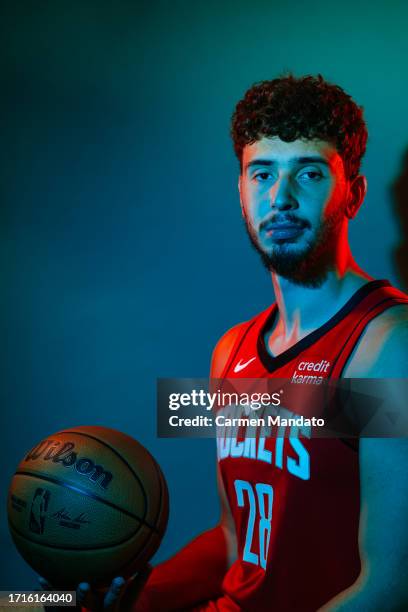 Alperen Sengun of the Houston Rockets poses for a photo during media day on October 02, 2023 in Houston, Texas.