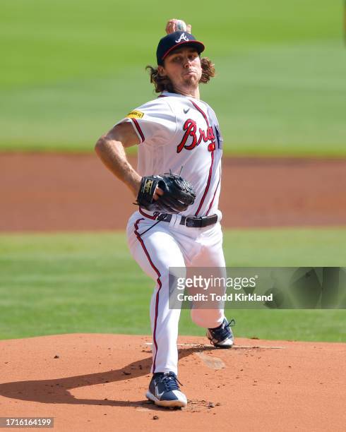 Dylan Dodd of the Atlanta Braves pitches during the first inning against the Washington Nationals at Truist Park on October 1, 2023 in Atlanta,...