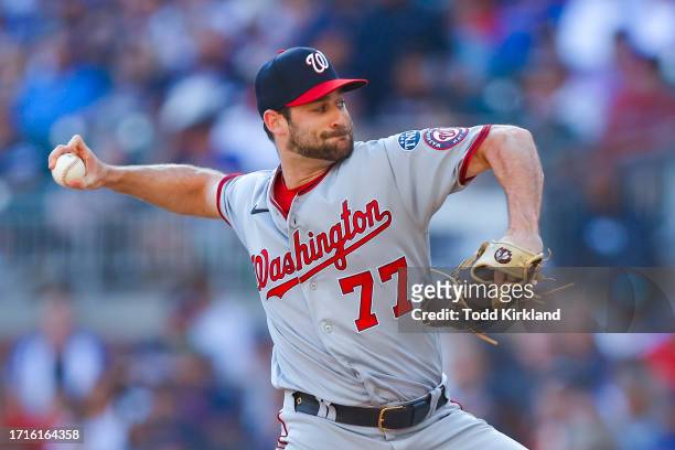 Cory Abbott of the Washington Nationals pitches during the sixth inning against the Atlanta Braves at Truist Park on October 1, 2023 in Atlanta,...