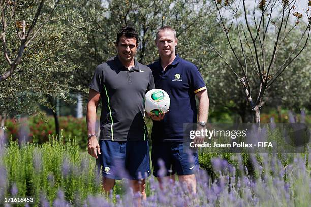 Head coach Paul Okon of Australia and former Australian national player Craig Moore are pictured at the Novotel Trabzon on June 27, 2013 in Trabzon,...