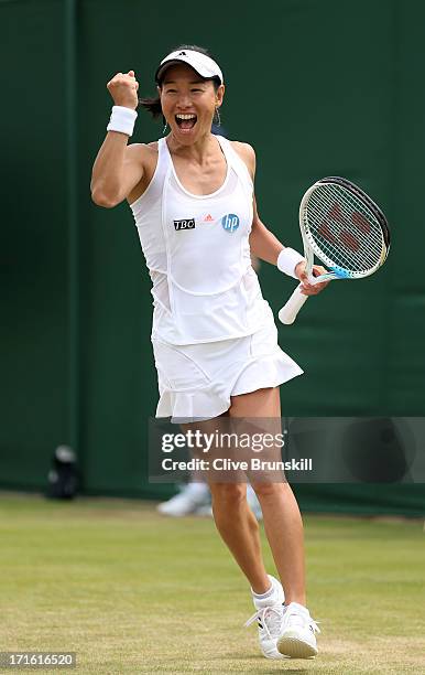 Kimiko Date-Krumm of Japan celebrates match point during the Ladies' Singles second round match against Alexandra Cadantu of Romania on day four of...