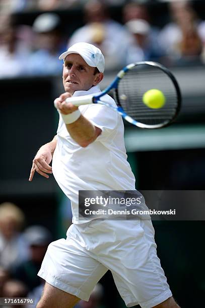 Jesse Levine of Canada plays a forehand during his Gentlemen's Singles second round match against Juan Martin Del Potro of Argentina on day four of...