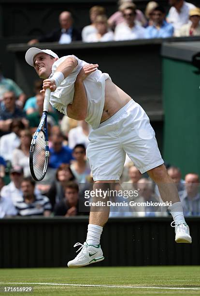 Jesse Levine of Canada serves during his Gentlemen's Singles second round match against Juan Martin Del Potro of Argentina on day four of the...