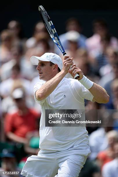 Jesse Levine of Canada plays a backhand during his Gentlemen's Singles second round match against Juan Martin Del Potro of Argentina on day four of...