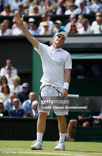 Jesse Levine of Canada reacts during his Gentlemen's Singles second round match against Juan Martin Del Potro of Argentina on day four of the...