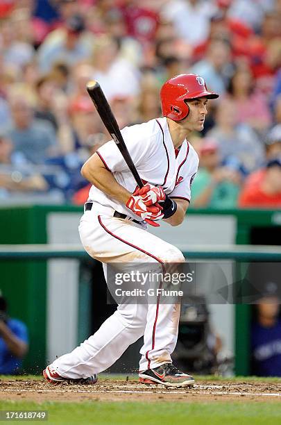 Steve Lombardozzi of the Washington Nationals bats against the Colorado Rockies at Nationals Park on June 21, 2013 in Washington, DC.