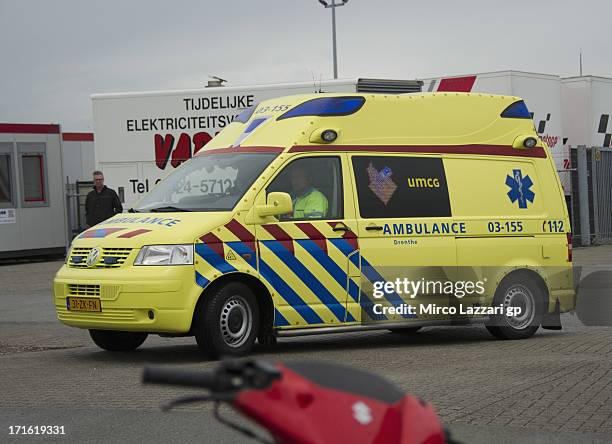 The ambulance arrived in medical center with Jorge Lorenzo of Spain and Yamaha Factory Racing after crashed out during the MotoGp Of Holland - Free...