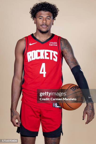 Jalen Green of the Houston Rockets poses for a photo during media day on October 02, 2023 in Houston, Texas.