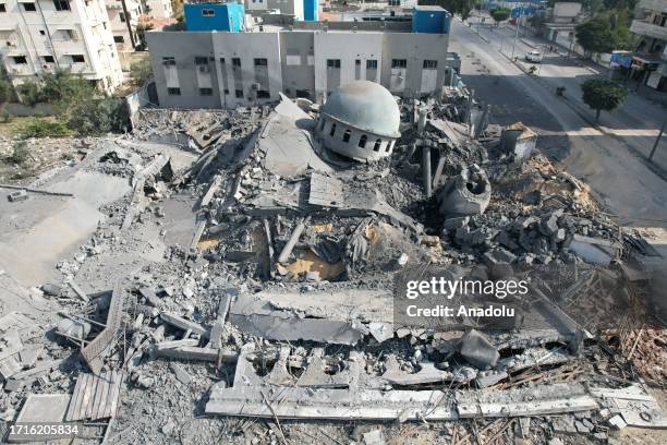 An aerial view of the destroyed Al-Abbas Mosque following the Israeli airstrikes in Al-Rimal neighborhood of Gaza City, Gaza on October 10, 2023.