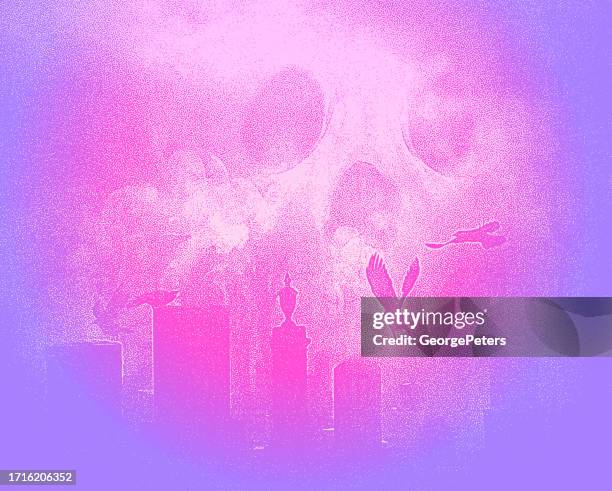 spooky cemetery at night with skull and ravens - bare tree stock illustrations