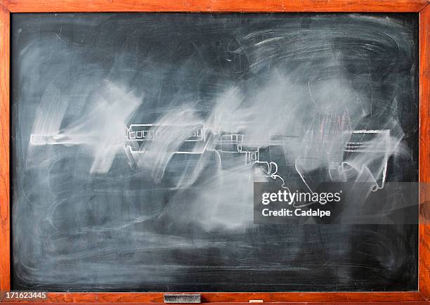 partially erased chalk drawing of gun on blackboard - eraser stock pictures, royalty-free photos & images