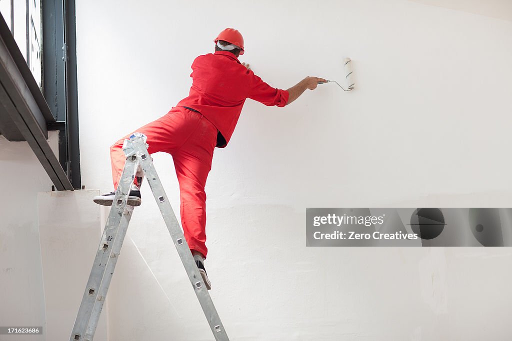 Decorator straddling step ladder