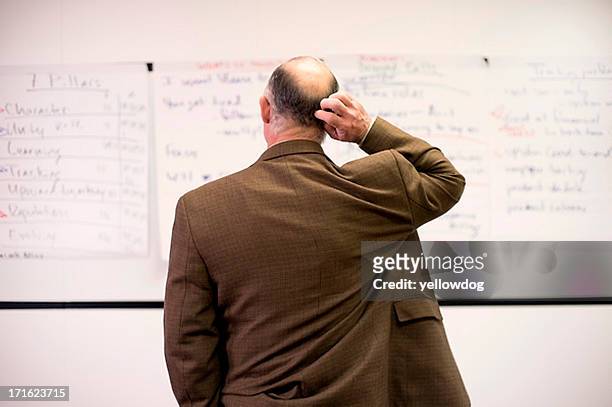 mature man confused by presentation - coçar a cabeça imagens e fotografias de stock