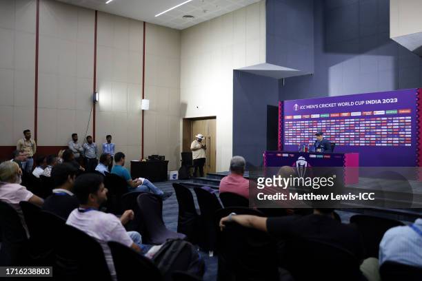 General view as New Zealand captain, Tom Latham speaks to the media during the ICC Men's Cricket World Cup India 2023 England & New Zealand Net...