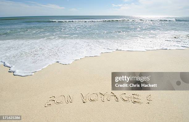 usa, massachusetts, nantucket, nantucket island, 'bon voyage' note on sand - bon voyage stock pictures, royalty-free photos & images