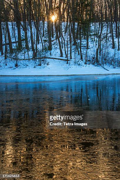 usa, massachusetts, concord, walden pond, icy water surface - walden pond stock pictures, royalty-free photos & images