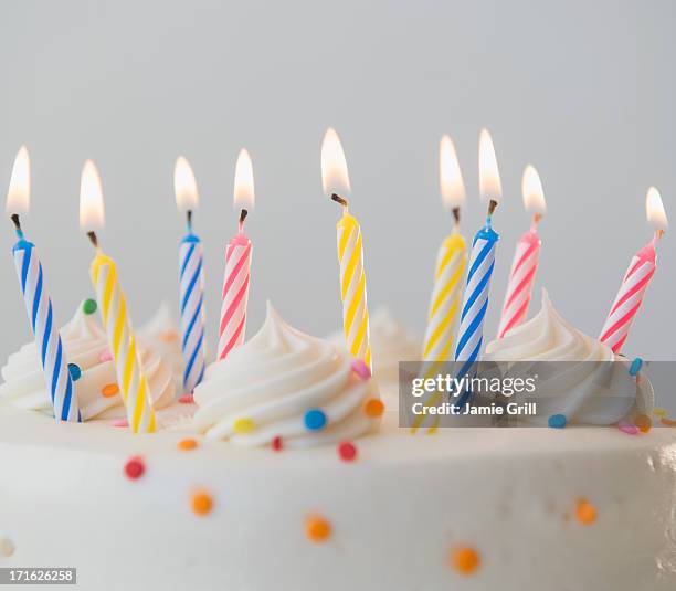 studio shot of birthday cake with lit candles - birthday cake white background stock pictures, royalty-free photos & images