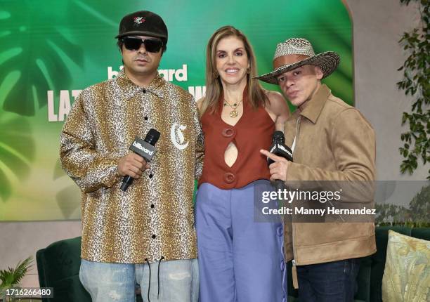 Chancho Corleone, Leila Cobo, and Vico C at the Billboard Latin Conference at the Faena Forum on October 3, 2023 in Miami Beach, Florida.