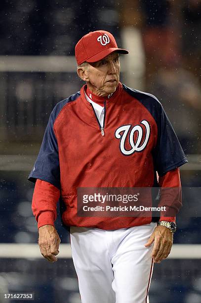 Manager Davey Johnson of the Washington Nationals walks off the field during game two of a doubleheader against the Minnesota Twins at Nationals Park...