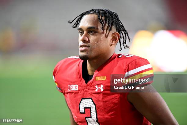 Taulia Tagovailoa of the Maryland Terrapins runs off the field after a victory against the Indiana Hoosiers at SECU Stadium on September 30, 2023 in...