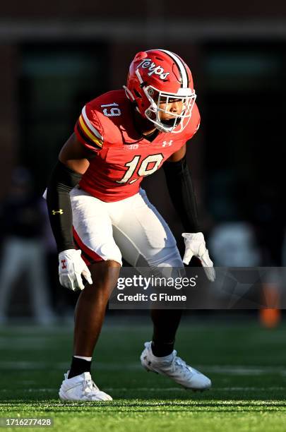 Donnell Brown of the Maryland Terrapins defends against the Indiana Hoosiers at SECU Stadium on September 30, 2023 in College Park, Maryland.