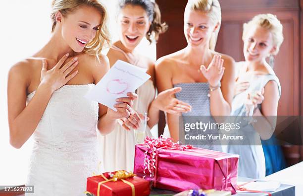 south africa,cape town, bride and bridesmaids unpacking gifts - wedding card stock pictures, royalty-free photos & images