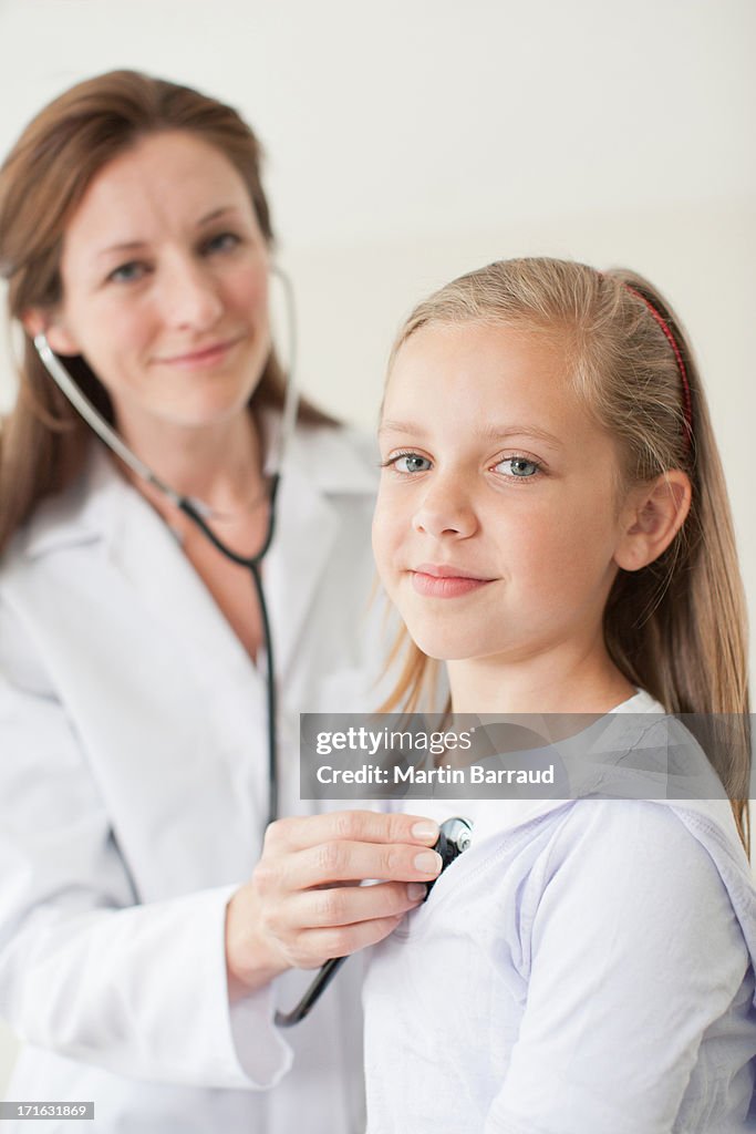 Doctor listening to patients breathing in doctors office