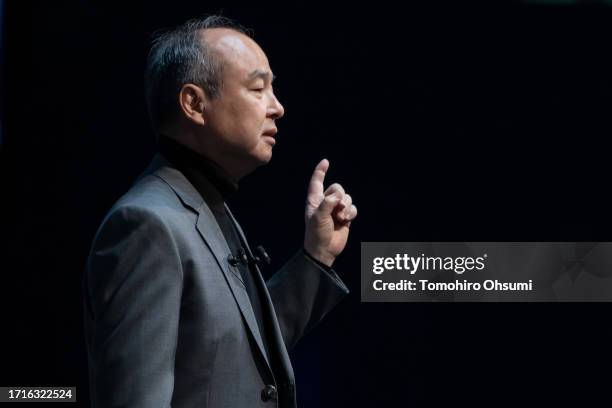 SoftBank Group CEO Masayoshi Son speaks during the SoftBank World 2023 on October 04, 2023 in Tokyo, Japan. The event will be held until October 06.