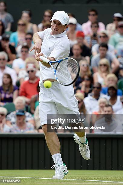 Jesse Levine of Canada plays a forehand during his Gentlemen's Singles second round match against Juan Martin Del Potro of Argentina on day four of...