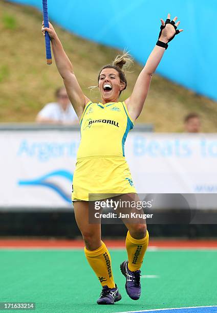 Kellie White of Australia celebrates her goal during the Investec Hockey World League quarterfinal match between Australia and USA at the Quintin...