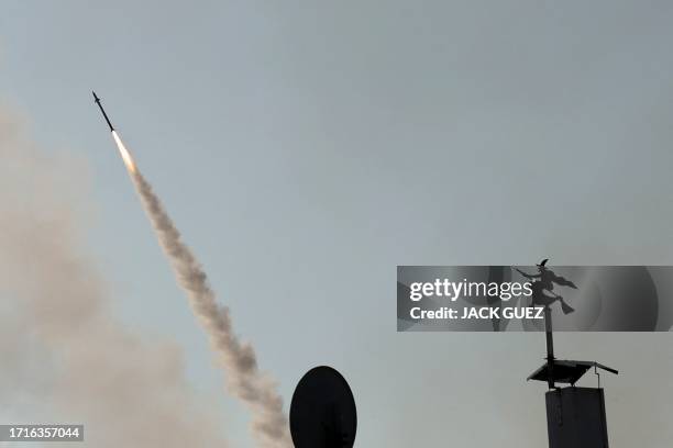 An Israeli missile is launched from the Iron Dome defence missile system to intercept a rocket attack from the Gaza Strip in the southern Israeli...