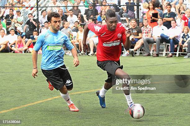 Soccer Players Giuseppe Rossi and Sammy Ameobi attend The Sixth Edition Steve Nash Foundation Showdown at Sarah D. Roosevelt Park on June 26, 2013 in...