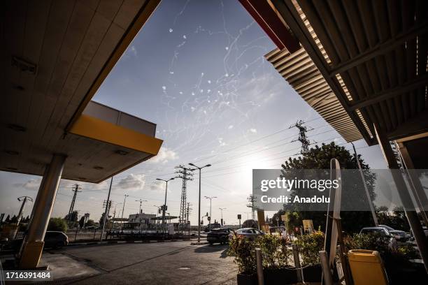 View of rockets fired from Gaza are being neutralized in the air by Israel's 'Iron Dome' air defense system during the clashes in Ashkelon, Israel on...