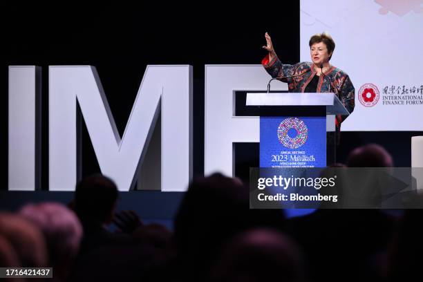 Kristalina Georgieva, managing director of the International Monetary Fund , speaks at the annual meetings of the International Monetary Fund and...