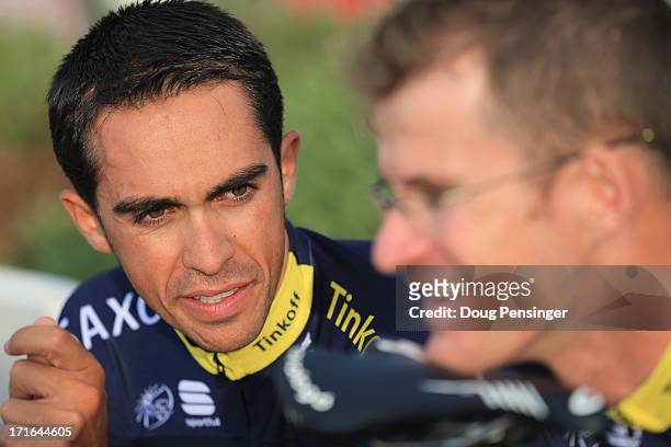 Alberto Contador of Spain and Team Saxo-Tinkoff and team mate Michael Rogers of Australia are seen prior to the Team Presentation ahead of the 2013...