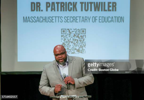 Patrick Tutwiler, Secretary of Education and a former Lynn school superintendent, leads a panel during the Defending Democracy forum in the...