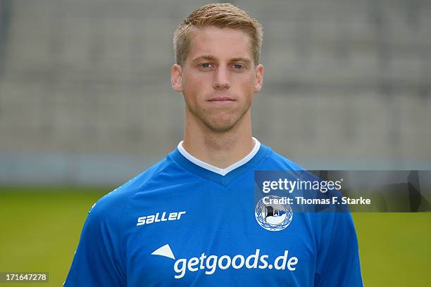 Marc Lorenz poses during the Second Bundesliga team presentation of Arminia Bielefeld at Schueco Arena on June 27, 2013 in Bielefeld, Germany.