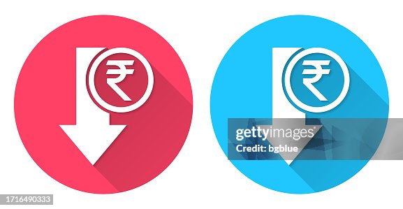 Indian rupee decrease. Round icon with long shadow on red or blue background Indian rupee decrease. Round icon with long shadow on red or blue background