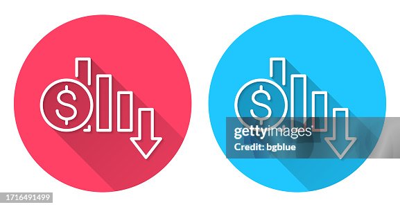 Dollar rate decrease. Round icon with long shadow on red or blue background Dollar rate decrease. Round icon with long shadow on red or blue background