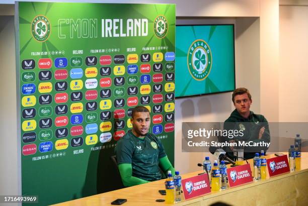 Dublin , Ireland - 10 October 2023; Goalkeeper Gavin Bazunu and Kieran Crowley, FAI communications manager, during a Republic of Ireland press...