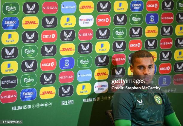 Dublin , Ireland - 10 October 2023; Goalkeeper Gavin Bazunu during a Republic of Ireland press conference at FAI Headquarters in Abbotstown, Dublin.