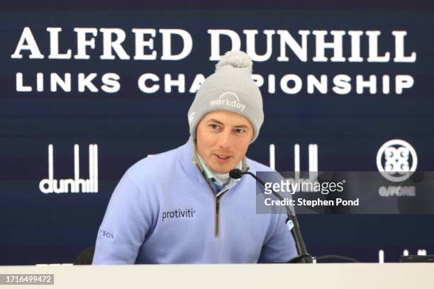 Matt Fitzpatrick of England speaks in a press conference prior to the Alfred Dunhill Links Championship at the Old Course St. Andrews on October 04,...