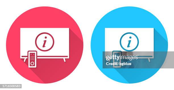 tv with information sign. round icon with long shadow on red or blue background - remote support stock illustrations
