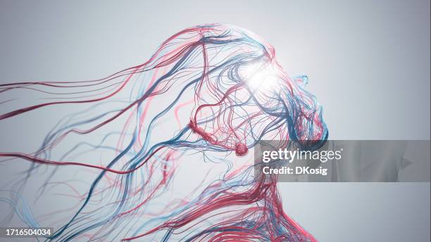 abstract human face - artificial intelligence, psychology, technology, blood flow - red and blue - bloedcirculatie stockfoto's en -beelden