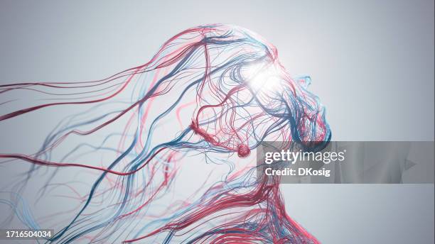 abstract human face - artificial intelligence, psychology, technology, blood flow - red and blue - fluxo sanguíneo imagens e fotografias de stock
