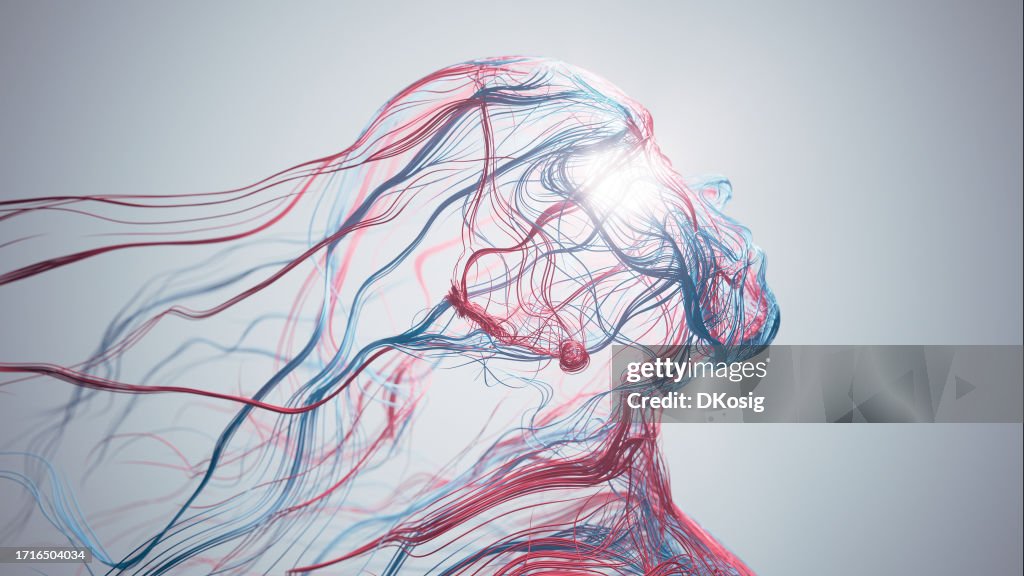 Abstract Human Face - Artificial Intelligence, Psychology, Technology, Blood Flow - Red And Blue